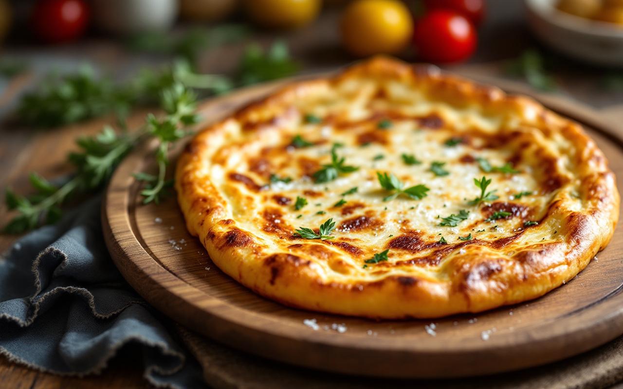 Une galette bretonne traditionnelle servie sur une assiette en bois, présentée dans une cuisine rustique avec des herbes fraîches en arrière-plan.
